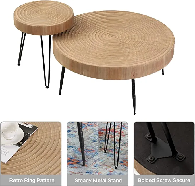 RUSTOWN Farmhouse Round Coffee Table Set of 2, Cocktail Table Set, Modern Circle Natural Wood Finsh Side and End Table Sets for Living Room