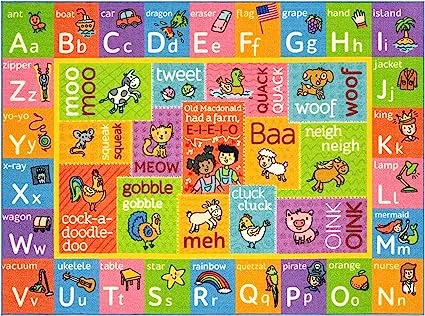 Playtime Collection ABC Alphabet with Old McDonald's Animals Educational Learning & Game Area Rug Carpet for Kids and Children Bedrooms and Playroom