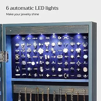 SONGMICS 6 LEDs Jewelry Cabinet Lockable Wall Door Mounted Jewelry Armoire Organizer with Mirror 2 Drawers Brown UJJC93K