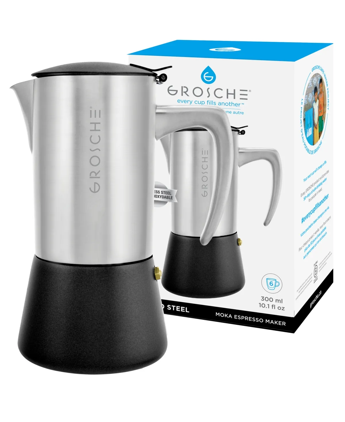 GROSCHE Milano Steel | 10 Espresso Cup | Stovetop Espresso Maker: Stainless Steel Moka Pot for Greca, Induction, Electric & Gas Stoves | Dishwasher Safe Stovetop Espresso Maker Moka Pot