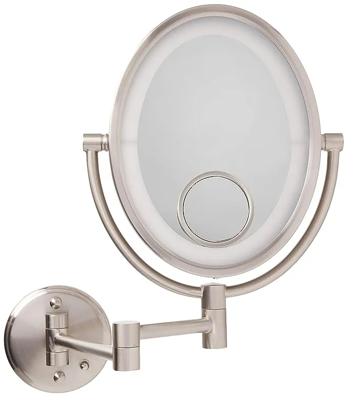 JERDON Wall Mounted Nickel Finish Makeup Mirror with LED Light – 10X-1X with 15X Spot Magnification - 8” by 10” Oval Design – Variable Lighting - 14” Extension – Power Cord and Plug - Model HL9515NL