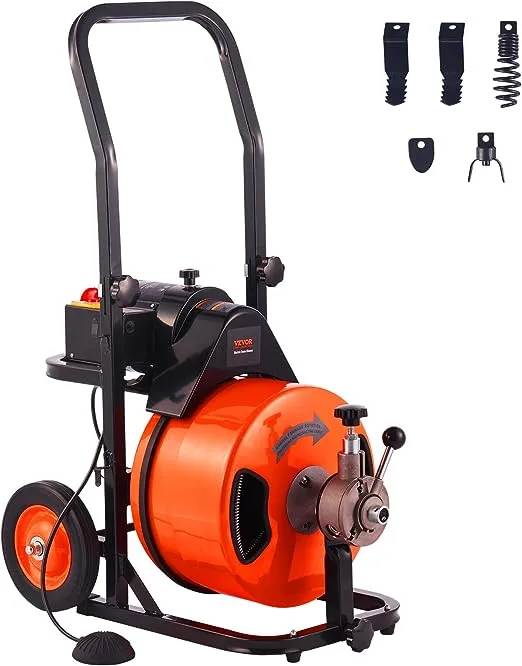 VEVOR Drain Cleaning Machine 100FT x 3/8 Inch, Sewer Snake Machine Auto Feed, Drain Auger Cleaner with 4 Cutter & Air-Activated Foot Switch for 1" to 4" Pipes, Orange, Black