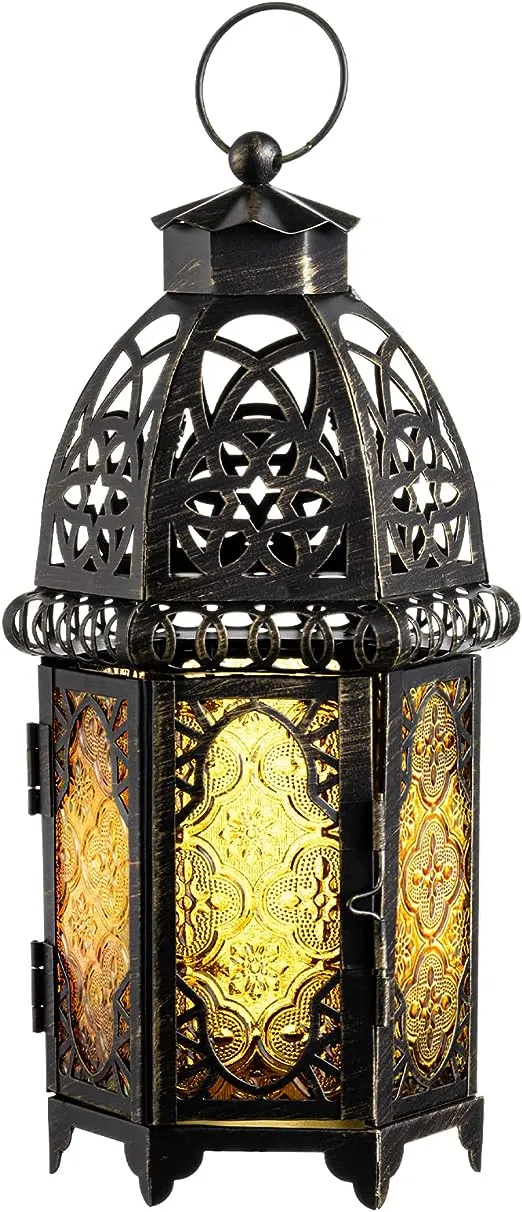 DECORKEY Vintage Large Size Decorative Moroccan Candle Lantern, 12.8’’ Metal Hanging&Tabletop Lantern Candle Holder Decor, Halloween Christmas Ramadan Decorations for Home Indoor Outdoor Patio (Amber)