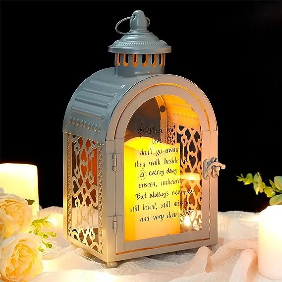 TRIROCKS Memorial Lantern 11'' High Walk Beside Us Remembrance Lantern With Automatic Timer LED Candle And Love Pattern Bereavement Sympathy Gifts For Funeral Memorial Service Loss of Loved One (Grey)