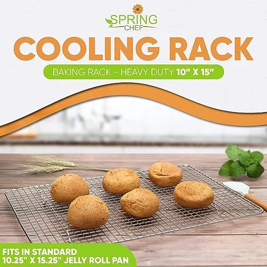 Spring Chef Cooling Rack & Baking Rack - 100% Stainless Steel Cookie Cooling Racks, Wire Rack for Baking, Oven Safe 10 x 15 Inches Fits Jelly Roll Pan - Cooling Racks for Cooking and Baking, Set of 2