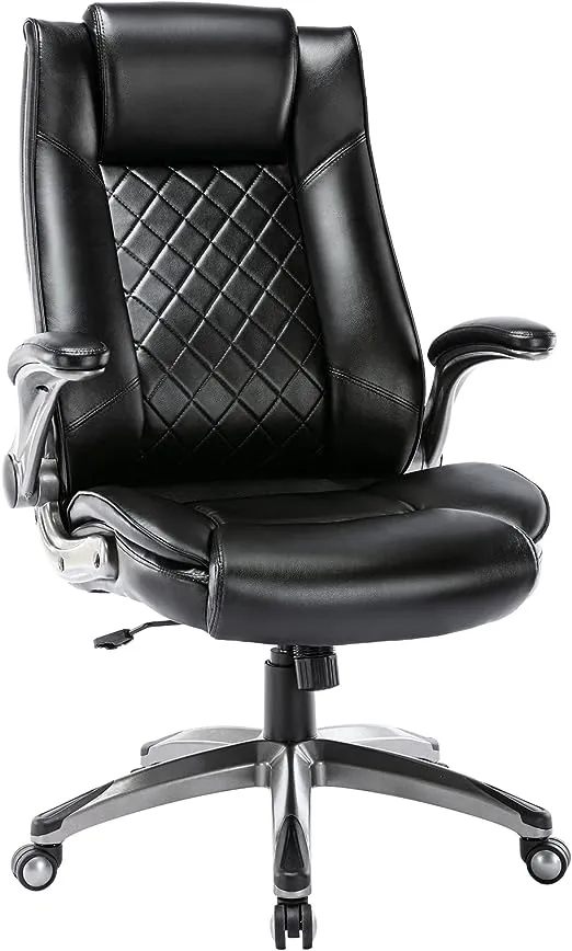 High Back Executive Office Chair-Ergonomic Bonded Leather Computer Chair with Flip-up Arms, Adjustable Tilt Tension, Padded Armrests, Swivel Rolling Home Office Desk Chair-Brown,300lbs