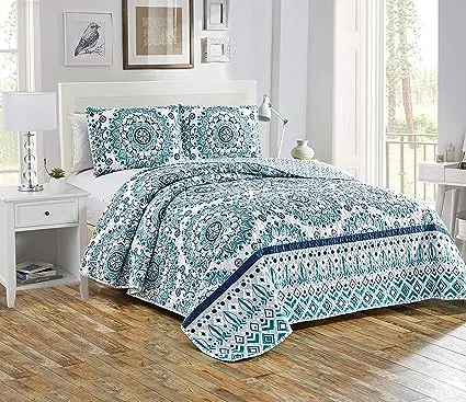 Home Collection 3pc King/Cal King Quilted Bedspread Set Floral Bedding Turquoise Navy Blue White Sage Green