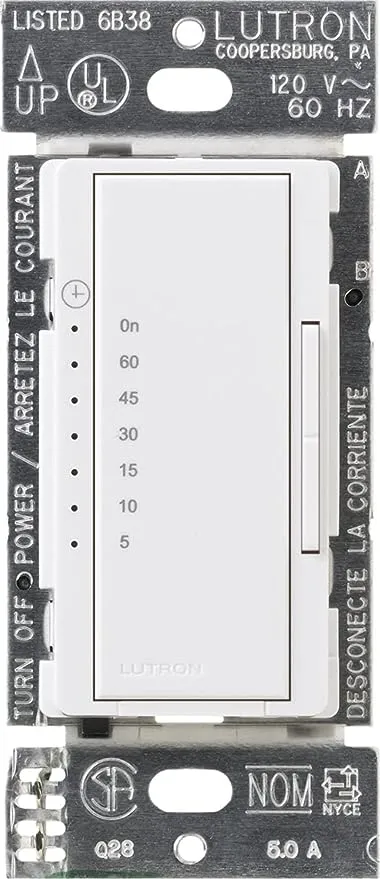 Lutron Maestro Countdown Timer Switch for Fans and Lights, 3A/150-Watt LED Bulbs, Single-Pole/Multi-Location | MA-T51MN-WH | White 