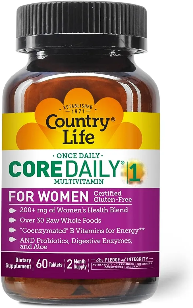 Country Life Core Daily-1 Multivitamins for Women, Energy Support, 60 Tablets, 2 Month Supply, Certified Gluten Free, Certified Vegetarian