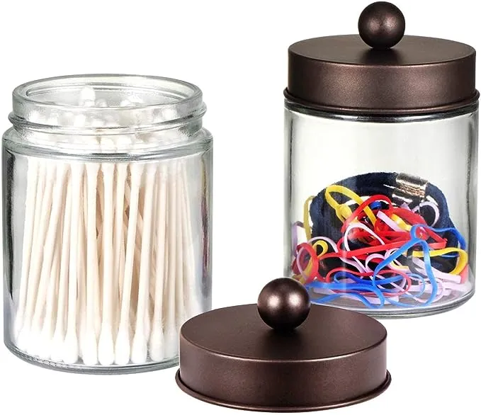 Apothecary Jars Bathroom Storage Organizer - Cute Qtip Dispenser Holder Vanity Canister Jar Glass with Lid for Cotton Swabs,Rounds,Bath Salts,Makeup Sponges,Hair Accessories/Bronze (2 Pack)