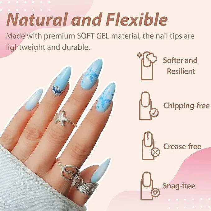 Una Gella Almond Fake Nails 216pcs Almond Press On Nails Pre-shape Almond Nails Tips for Full Cover Acrylic Almond Nails French False Nails for Nail