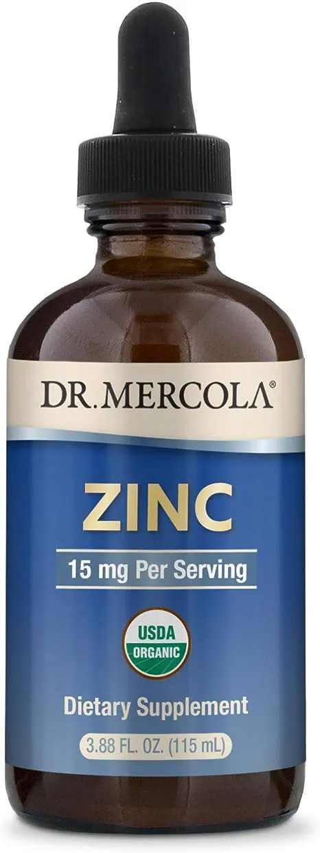 Dr. Mercola 有机锌滴剂，每份 15 毫克，3.88 液量盎司（115 毫升），约 28 份，膳食补充剂，支持免疫和器官健康，非转基因，美国农业部有机，NSF 认证