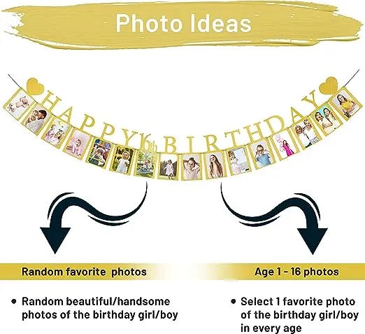 Sweet 16 Birthday Decorations Photo Banner in Rose Gold Pre-assembled - Sweet 16 Banner WITH Sixteen Photo Card Frames Party Supplies - Happy 16th birthday decorations for girls with 16 Signs