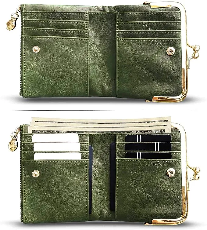 Rfid Ladies Compact Bifold Leather Vintage Coin Purse - Green