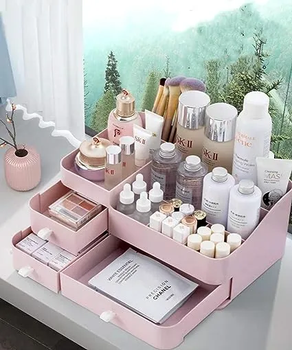 MIUOPUR Makeup Organizer for Vanity, Large Capacity Desk Organizer with Drawers for Cosmetics, Lipsticks, Jewelry, Nail Care, Skincare, Ideal for Bedroom and Bathroom Countertops - Large Pink