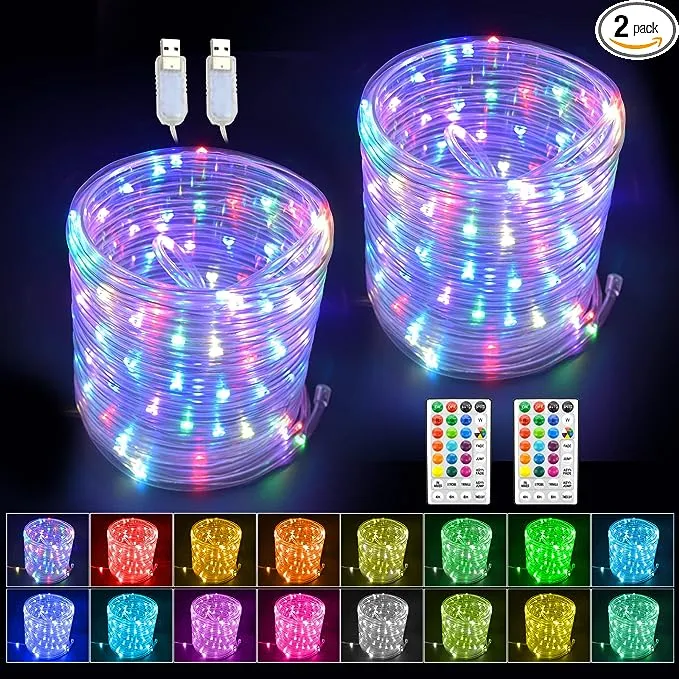 GLPE LED Rope Lights with USB Powered, 2 Pack X 33Ft 100 LED String Lights Indoor Outdoor with Remote,16 Color Changing Fairy Tube Lights for Bedroom Garden Party Wedding Christmas