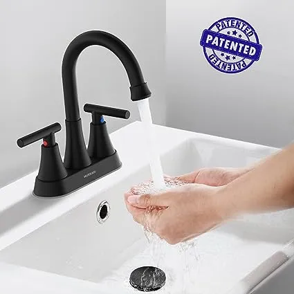 Bathroom Faucets for Sink 3 Hole, Hurran 4 inch Matte Black with Pop Up Drain and 2 Supply Hoses, Stainless Steel Lead F