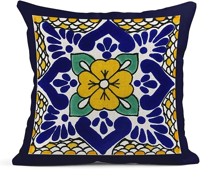 Set of 4 Linen Throw Pillow Covers Spanish Talavera Exotic Geometry Dark Retro Ethnic Home Decorative 18"x18" Flax Pillow Cases Cushion Square Pillowcases