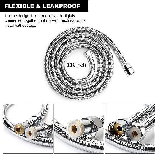 Blissland Shower Hose Extra Long 118 Inches Brushed Chrome Handheld Shower Head Hose with Brass Insert and Nut - Lightweight and Flexible