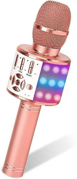 Amazmic Karaoke Microphone for Adults, Wireless Bluetooth Microphone for Singing Portable Karaoke Machine Handheld with LED Lights, Gift for Kids Adults Birthday Party, Home KTV(Rose Gold)