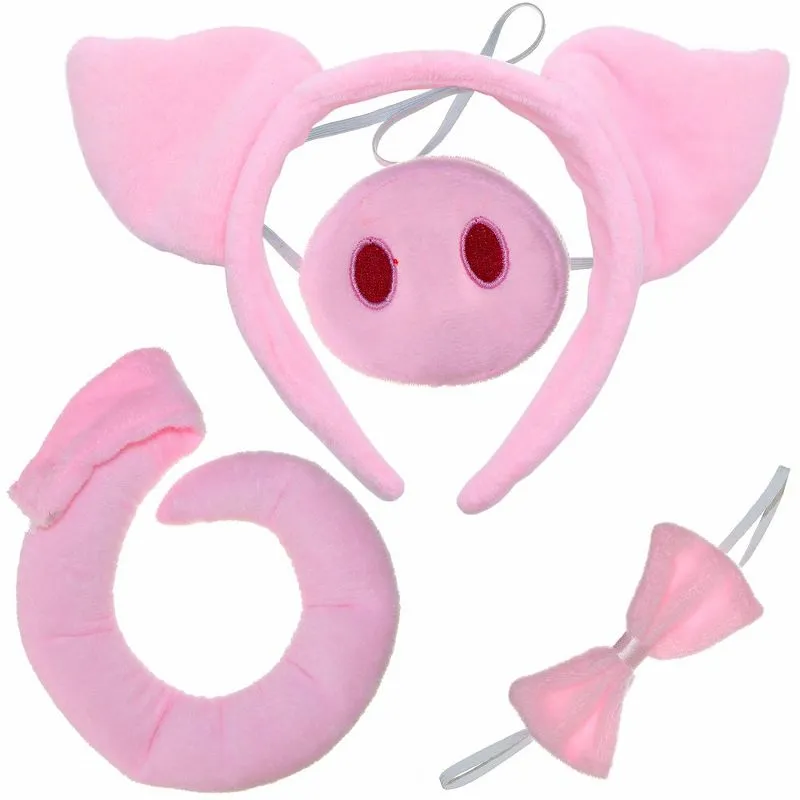 Skeleteen Pig Costume Accessories Set - Fuzzy Pink Pig Ears Headband, Bowtie, Snout and Tail Accessory Kit for Piglet Costumes for Toddlers and Kids