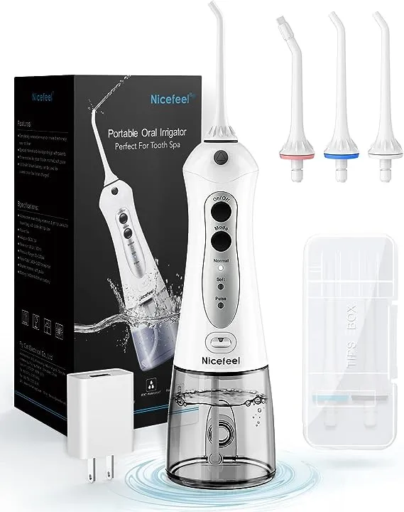 Nicefeel Cordless Water Flosser 300ml USB Rechargeable and Portable Oral Irrigator with Tips Case for Travel, 3-Modes Ipx7 Waterproof Water Dental