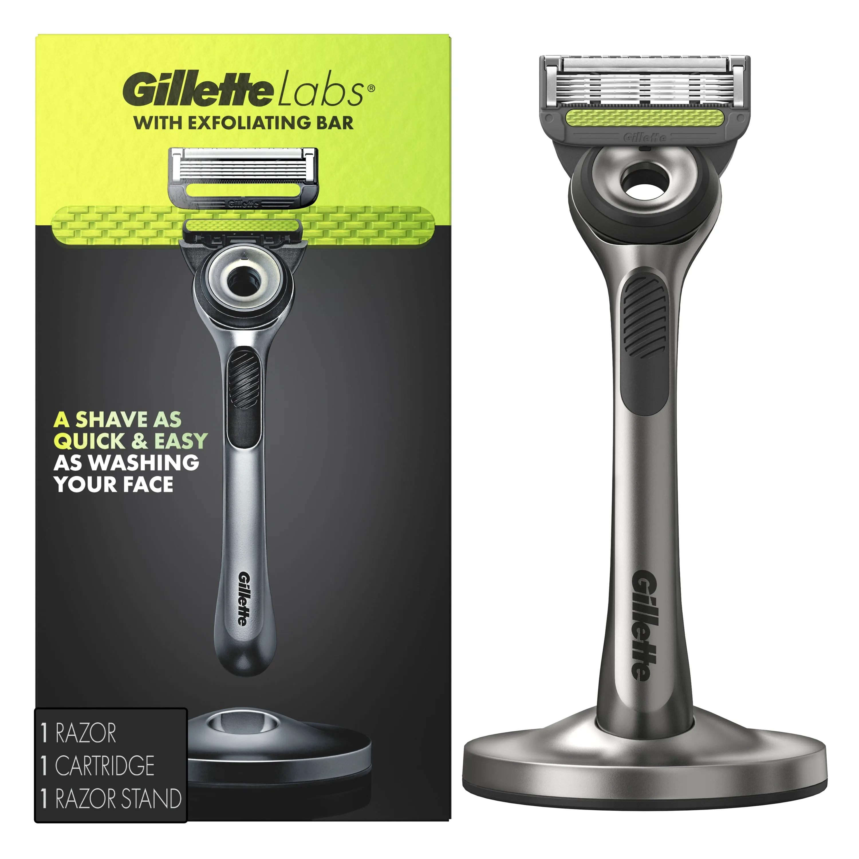 Gillette Labs with Exfoliating Bar Men's Razor - 1 Handle, 1 Blade Refill and Premium Stand, Silver