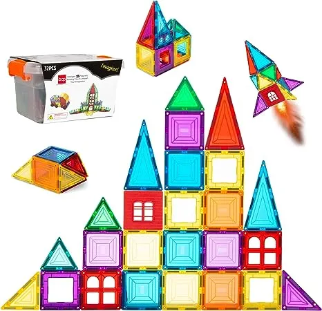 Best Choice Products 32-Piece Colorful Kids Mini Magnetic Tiles Educational STEM Toy Set w/Carrying Case, Rounded Edges