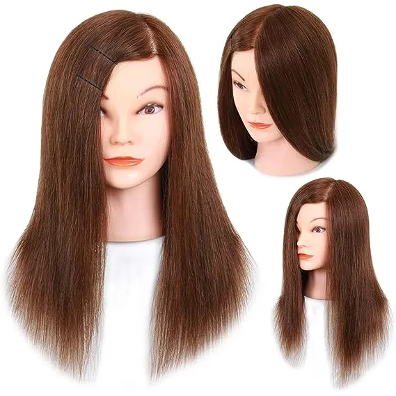 Mannequin Head with Human Hair - 20-22" Cosmetology Mannequin Head with 100% Real Human Hair for Braiding Practice Cutting - Manikin Head with Human Hair for Hairdresser (Brown)