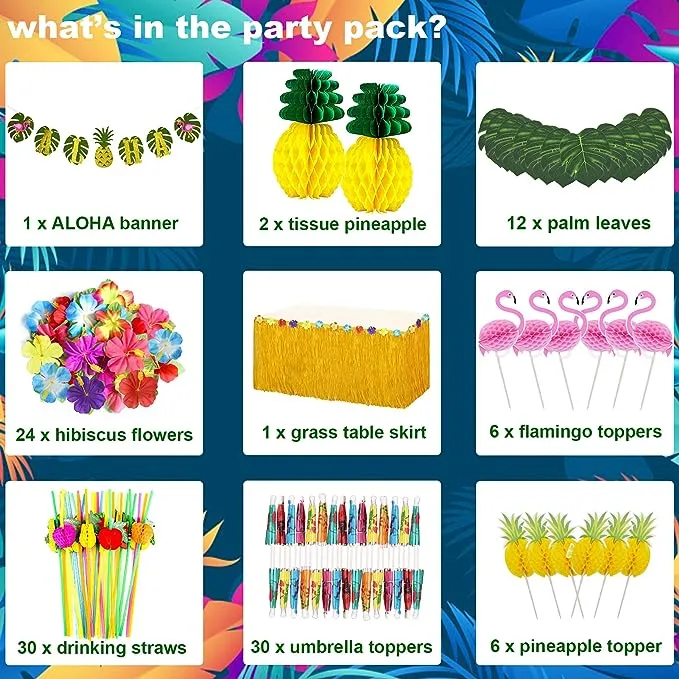 Tropical Luau Party Decoration Pack Hawaiian Beach Theme Party Favors Luau Party Supplies (112 PCS) including Banner, Table Skirt, Straws, Flamingo, Pineapple Décors.