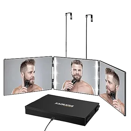 Rechargeable Trifold Mirror with LED – 360° Adjustable for Hair Cutting &amp; Makeup