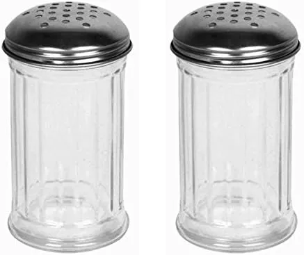 Great Credentials© Set of 2 Multi-Purpose Spice Seasoning Grated Cheese Shaker Retro Dispenser, Glass Jar, Perforated Stainless Steel Lid 12 OZ Each (Perforated Lid)