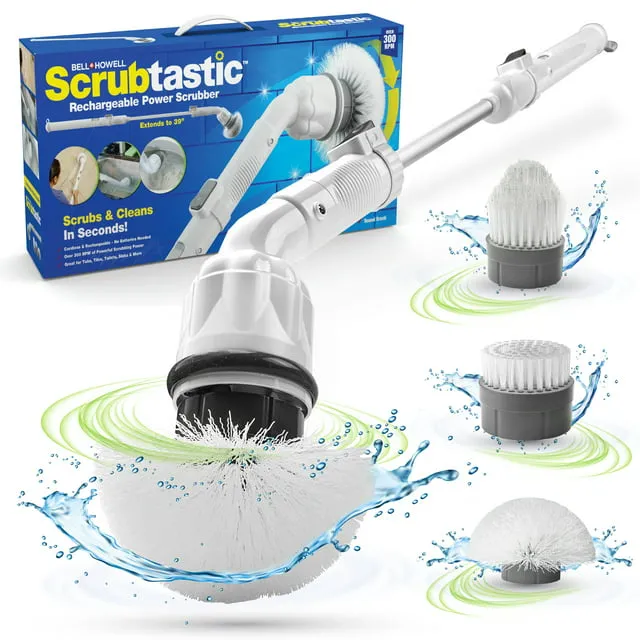 SCRUBTASTIC Electric Spin Scrubber, Rechargeable Power Scrubber/Shower Scrubber with Long Handle for Cleaning Floors/Bathrooms/Tubs/Showers with 3 Interchangeable Heads – Improved for 2023