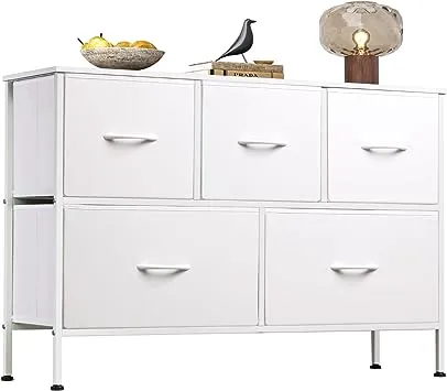 WLIVE Dresser with 5 Drawers, Dressers for Bedroom, Fabric Storage Tower, Hallway, Entryway, Closets, Sturdy Steel Frame, Wood Top, Easy Pull Handle (White)