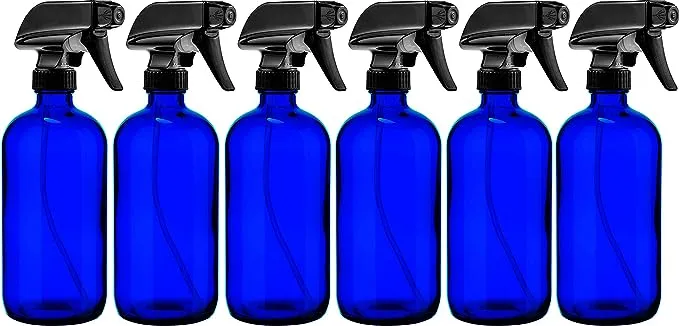 Sally's Organics Blue Glass Spray Bottle - Large 16 oz Refillable Container for Essential Oils, Cleaning Products, or Aromatherapy - Black Trigger