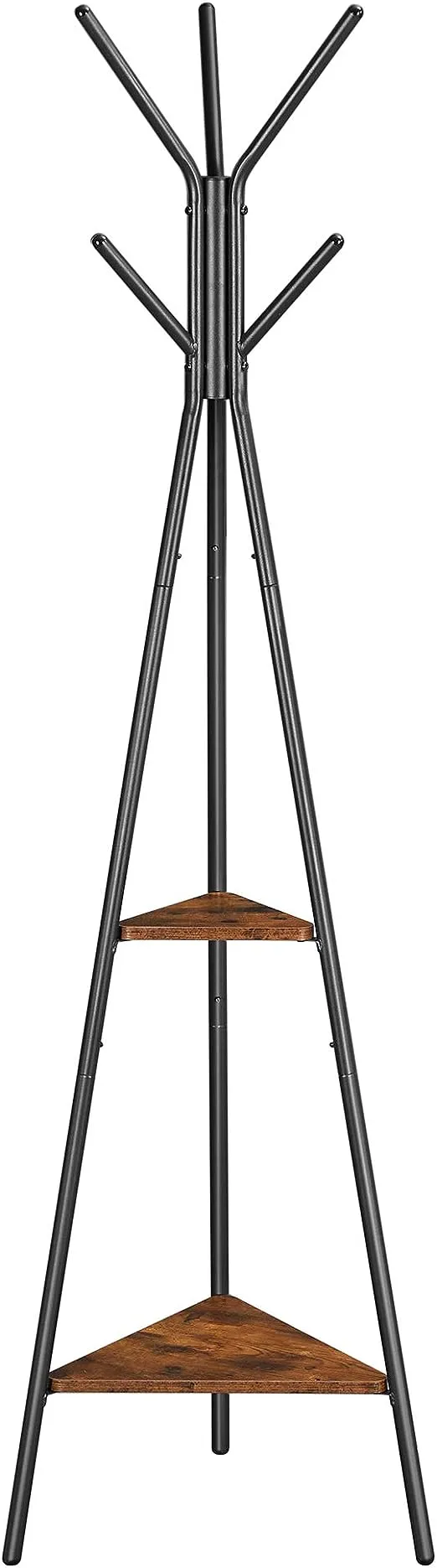 VASAGLE Coat Rack Freestanding, Coat Hanger Stand, Hall Tree with 2 Shelves, for Clothes, Hat, Bag, Industrial Style, Hazelnut Brown and Black