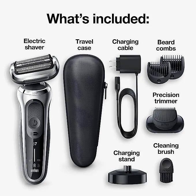 Braun Series 7 360 Flex Head Electric Shaver with Beard Trimmer for Men, Rechargeable, Wet & Dry with Charging Stand & Travel Case, Silver Black