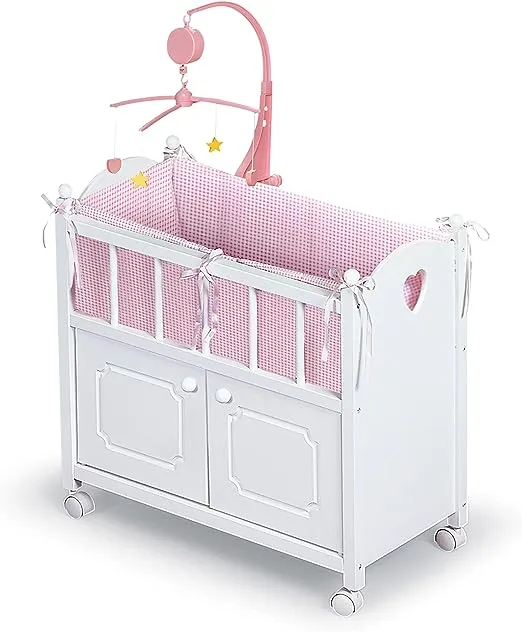 Badger Basket Cabinet Doll Crib with Gingham Bedding and Free Personalization Kit - White/Pink