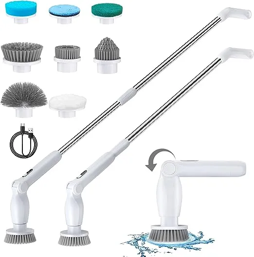 Leebein Electric Spin Scrubber, Cordless Cleaning Brush with 8 Replaceable Heads, Adjustable Extension Handle, 2 Speeds & Remote Control,Power for Bathroom Floor Tile Car (White) (YMG-818)Leebein Electric Spin Scrubber, Cordless Cleaning Brush with 8 Rep