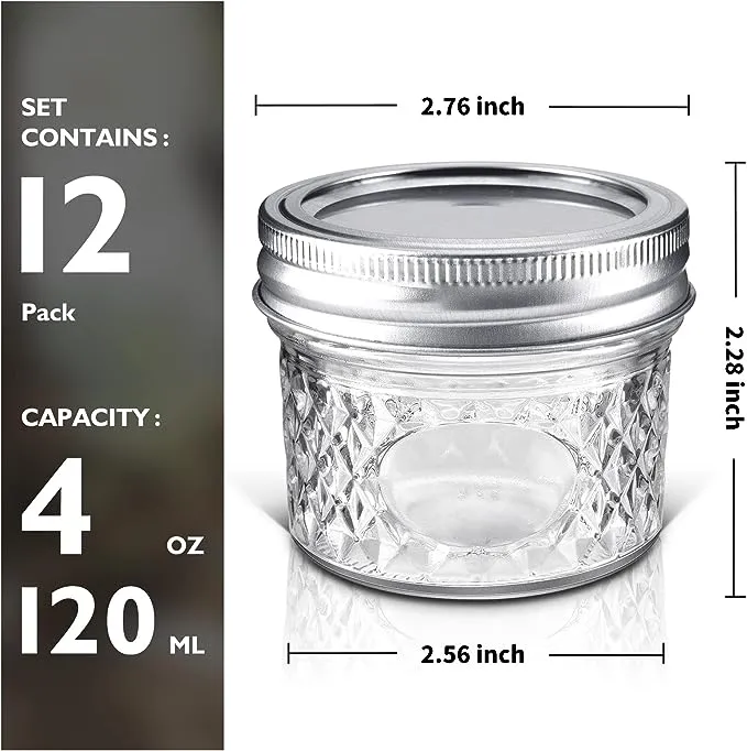 asika Mini Glass Jars,Canning Jars 4 oz With Lids, Small Glass Jars Ideal for Food Storage, Jam, Spice,Candle,Honey,Wedding Favors(12 PACK)