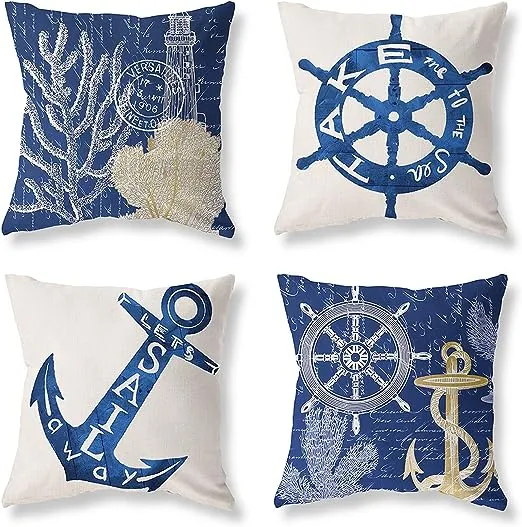 Navy Blue Nautical Throw Pillow Covers 18x18 Set of 4 White Coastal Ocean Anchors Pillow Covers Couch Decorative Outdoor Square Linen Pillow Cushion Cases for Living Room Sofa Bed Home Decor