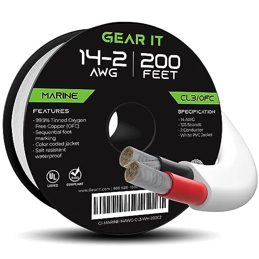 GearIT 14/2 Marine Wire (200 Feet) 14AWG Gauge - Tinned OFC 200 Feet, White