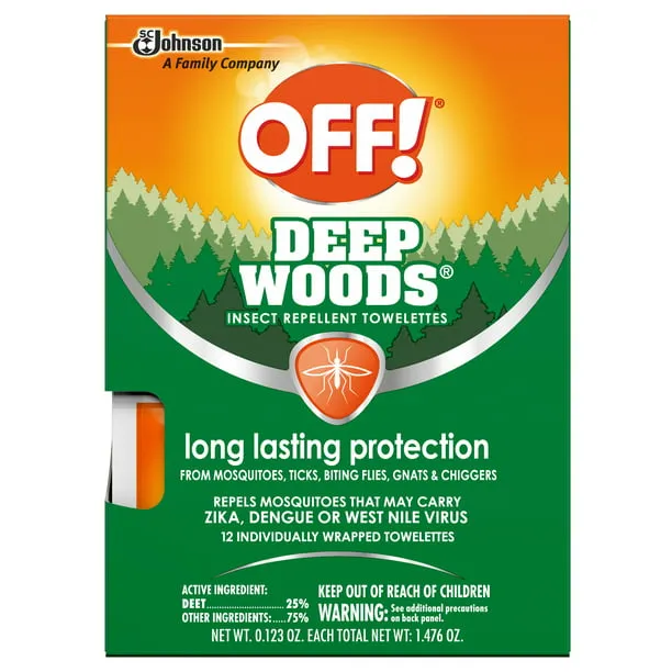 OFF! Deep Woods Towelettes with 25% DEET, Mosquito Repellent, 1 Pack, 12 ct