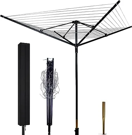 MYOYAY Rotary Outdoor Umbrella Drying Rack Umbrella Rotary Dryer Clothes Line Protective Cover 4 Arms with 165ft Clothesline Outdoor