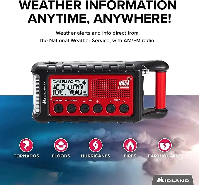 Midland - Emergency Radio ER310, Weather Hand Crank AM/FM Radio - Multiple Power Sources, SOS Emergency Flashlight, Ultrasonic Dog Whistle, & NOAA Weather Scan + Alert (Red/Black)