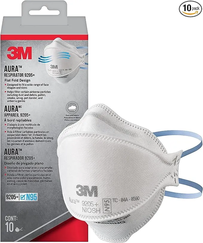 3M Aura Particulate Respirator 9205+ N95, Lightweight, Three Panel Designed Respirator Helps Provide Comfortable And Convenient Respiratory Protection, 10-Pack