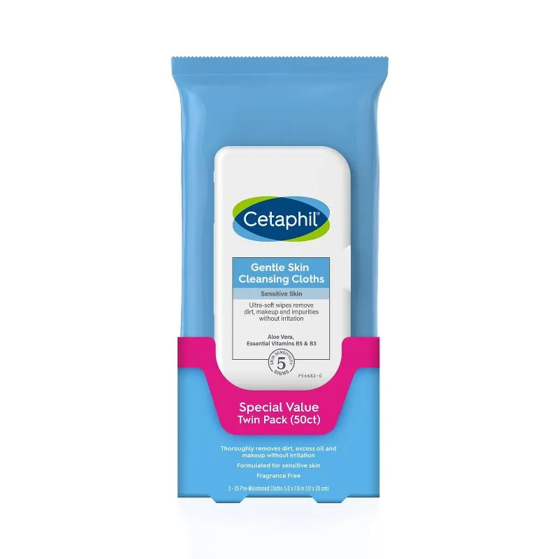 Cetaphil, Деликатные салфетки для очищения кожи, без отдушек, 2 упаковки, по 25 предварительно увлажненных салфеток