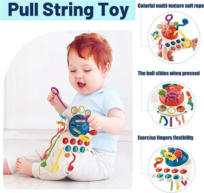 6 in 1 Baby Toys 6 to 12 Months, Montessori Toys for Babies 6-18 Months, Pull String Baby Teething Toys, Soft Stacking Blocks and Rings, Color Shape Bin Sensory Toys, Bath Toys for Infants Toddlers