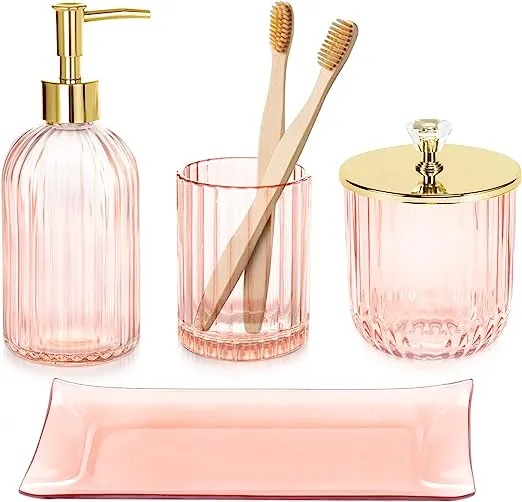 Bathroom Accessories Set, 4 Pcs Glass Bathroom Accessories Sets Complete w/Lotion Soap Dispenser, Toothbrush Holder, Apothecary Jar, Vanity Tray, Modern Bathroom Decor, Gift for Home Apartment- PinkBathroom Accessories Set, 4 Pcs Glass Bathroom Accessor…