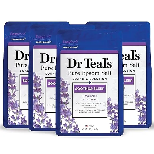 Dr Teal's Pure Epsom Salt, Soothe & Sleep with Lavender, 3 lb (Pack of 4) (Packaging May Vary)